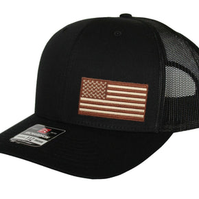 USA American Flag Hat US Trucker Cap Richardson 112 SnapBack NEW / Color Black w/ Black Mesh and Brown Flag