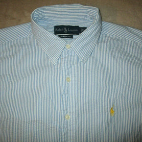 Mens RALPH LAUREN POLO Button Down Seersucker Shirt Aqua Blue White Stripe Large