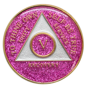 5 year AA Coin Pink Glitter Sobriety Chip Alcoholics Anonymous Sober Medallion