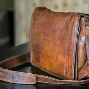 New LARGE 18" Men's Messenger Real Vintage Leather L Shoulder Satchel Laptop Bag / Size - 16 x 12 x 5 inches