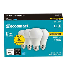 EcoSmart 60W Equivalent Bright White Energy Star Dimmable LED Light Bulb 4PakA19