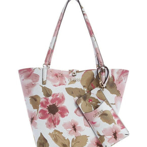 NEW GUESS Women's Alby Toggle White Pink Floral Tote Handbag Purse + Phone Case