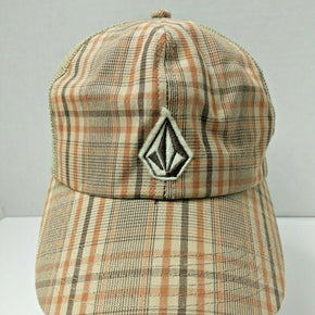 VOLCOM V Quarter Cheese Trucker Hat Snapback Brown Beige Orange Mesh Plaid