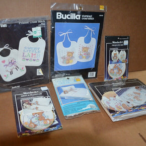 New! Bucilla Lot of Baby Collection Stamped Cross Stitch Kits Baby Bibs Etc.