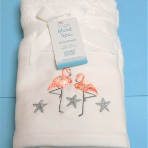 Sage Island Spa 2 White Hand Towels Embroidered Flamingos & Starfish