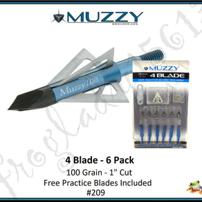 MUZZY 4 Blade Screw-In Broadheads 100 Gr 1" Cut 6 Pk # 209 - "2021" Stock