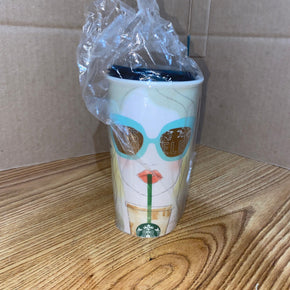 Starbucks Los Angeles LA Girl Ceramic Coffee Tumbler Travel Mug W Lid 12 oz NOB