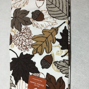 RITZ KITCHEN TOWELS (2) FALL LEAVES ACORN PINE CONES BROWN  100% COTTON NWT