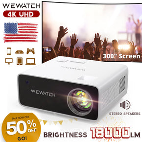 WEWATCH 4K Projector 18000Lumens With WiFi Bluetooth, Support HDMI/TV Stick/USB