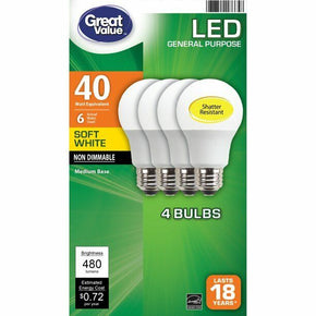 Two 4 Pack LED 40W = 6W Soft White 40 Watt Equivalent A19 2700K E26 Light Bulb