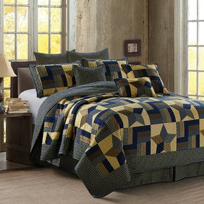 BLUE BROWN WOODLAND 5 POINT STAR PRIMITIVE FARMHOUSE CHECK PLAID F/Q Quilt Set / Size 3pc Full Queen Size Quilt Set Rustic Log Cabin