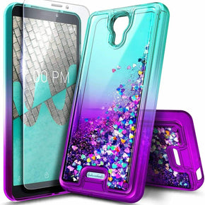 For AT&T Calypso (U318AA) Case, Liquid Glitter Phone Cover + Tempered Glass / Color Aqua/Purple