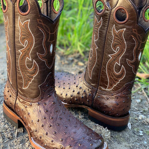 MEN'S BROWN OSTRICH QUILL LEATHER WESTERN RODEO EXOTIC COWBOY SQUARE TOE BOTAS / COLORS BROWN / US Shoe Size (Men's) 10