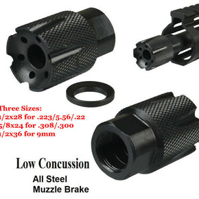 US Sell! Steel, Low Concussion Compact Muzzle Brake, 1/2x28, 5/8x24, 1/2x36 TPI / Size 1/2x28 for .223/5.56