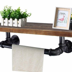 Industrial Wall Pipe Shelf Shelving Pine Wood and Pipe Towel Rack 24"