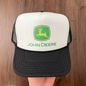 NEW JOHN DEERE BLACK WHITE HAT 5 PANEL HIGH CROWN TRUCKER SNAPBACK VINTAGE