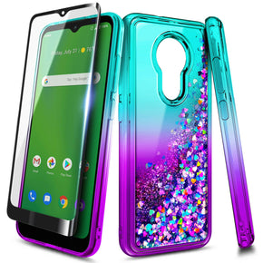 For AT&T Radiant Max Case, Liquid Glitter Phone Cover + Tempered Glass Protector / Color Aqua/Purple