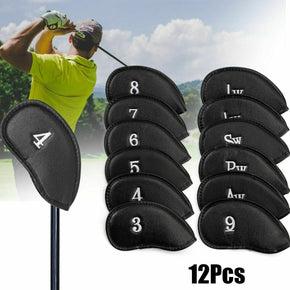 12Pcs Universal Golf Iron Pu Leather Head Covers USA Club Headcovers Set Black