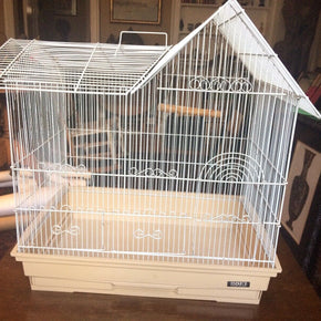 VINTAGE LARGE WHITE HOEI BIRD CAGE, MADE IN JAPAN, DETAILED HOUSE STYLE, HANDLED