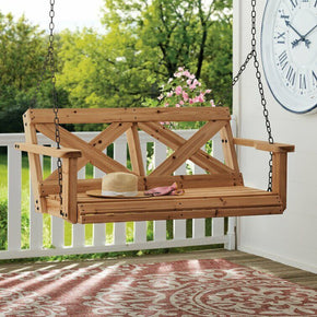 Rustic Cedar Wood Porch Swing Loveseat 2 Person Hanging Bench Chains Farmhouse