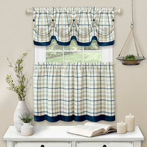 Country Farmhouse Plaid 3 Pc Tattersall Cafe Kitchen Curtain Tier & Valance Set / Color Navy / Item Length 36 in. Long Set