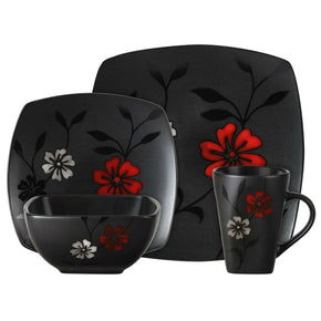 Evening Blossom 16-Piece Casual Black Stoneware Dinnerware Set - FAST SHIPPING