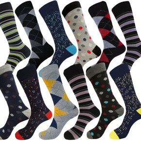 12 Pair Men's Dress Socks POLKA DOT STRIPED DIAMOND ARGYLE Cotton Socks 10-13