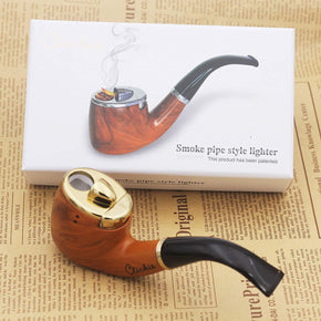 Clickit  2-in-1 Wooden Tobacco Smoking Pipe w/ Built in Flame Lighter / Color Gold