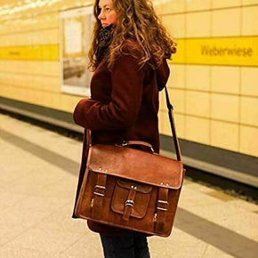 18" Large Unisex SATCHEL Bag Genuine Brown Leather Messenger Briefcase Laptop / Size - 11 x 9 x 4 inches