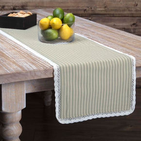 New Shabby Cottage Chic Striped Lace Trim SAGE GREEN TICKING TABLE RUNNER 36"