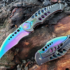 Rainbow Stonewashed Punisher Spring Assisted Pocket Knife Frame Lock Tip Up EDC