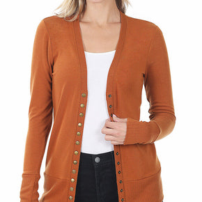 Zenana V Neck Cardigan Snap Front Stretch Long Sleeve Sweater S M L XL  *USA* / Colors ALMOND / Sizes Small