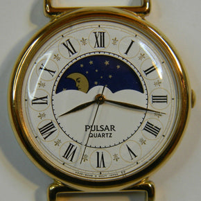 FINE PULSAR V535 GOLD TONE MOONPHASE QUARTZ MENS WATCH - NEW BATTERY -RUNS GREAT