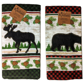 Set of 2 WOODLAND MOOSE & BEAR Terry Kitchen Towels by Kay Dee Designs