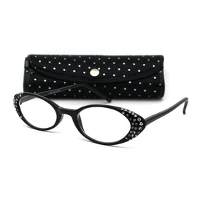Womens Rhinestone Studded Oval Cat Eye Reading Glasses with Hard Case / Color Black / Strength +4.00 strength