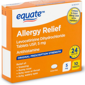 EQUATE ALLERGY RELIEF LEVOCETIRIZINE DIHYDROCHLORIDE TABLETS USP, 5 MG 10 COUNT.