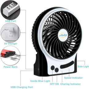 Mini Desk Fan w/ 3 Speeds. Rechargeable Battery Operated LED Light. efluky Brand