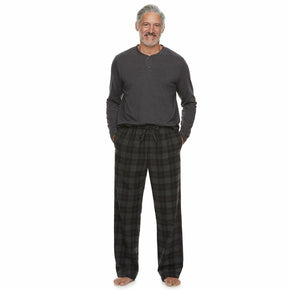 Men's Croft & Barrow Henley & Plaid Flannel Pants Lounge Pajama 2-Piece Set / Color Black_Gray_Heather / Size L / Size Type Regular