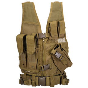 Lancer Tactical Youth Size Adjustable Cross Draw Airsoft Tac Vest w/ Holster / Color Tan