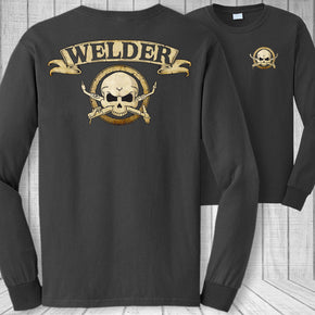 Welder skull long sleeve t-shirt - welding mig tig arc torch crossbones shirt / Color Charcoal - cotton / Size (Men's) M