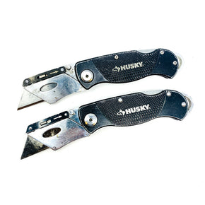 2 Pcs Husky 99731 Folding Lock Back Utility Knife Set, Black Aluminum Handles