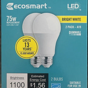 Ecosmart 75W Dimmable LED Light Bulb Bright White 1100 Lumens 2 Pack (LOT OF 3)