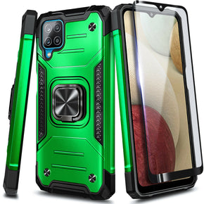 For Samsung Galaxy A12 Case, Shockproof Ring Stand Armor Cover + Tempered Glass / Color Green