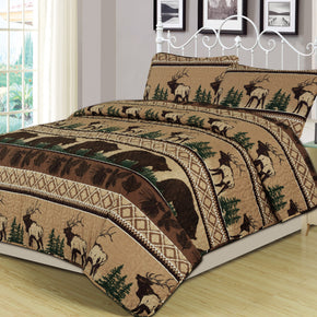 King, Queen, Twin Quilt Bed Set or Curtain Pair Bear Elk Log Cabin Lodge Rustic / Size Twin