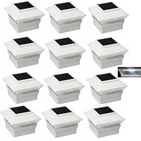 12 Pack White Outdoor Solar Powered LED 4 x 4 Fence Post Cap Lights For PVC Post