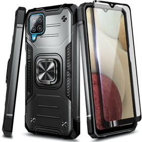 For Samsung Galaxy A12 Case, Shockproof Ring Stand Armor Cover + Tempered Glass / Color Black