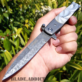 9" TAC FORCE Italian Stiletto Damascus Spring Open Assisted Pocket Knife Pearl