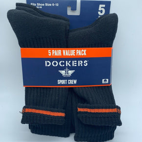 NEW 5 PAIR PACK DOCKERS SMART 360 FLEX MENS SPORT CREW SOCKS BLACK SIZE 6-12