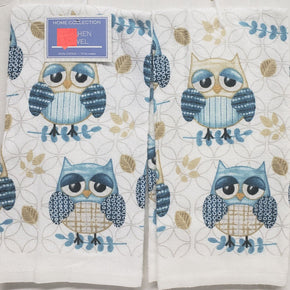 SET OF 2 SAME PRINTED KITCHEN TOWELS, 15" x 25", CUTE OWLS & LEAVES, AM