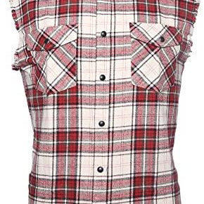 NUTEXROL Men's Casual Flannel Plaid Shirt Sleeveless Cotton Plus Size Vest / Color Red and Beige / Size Medium